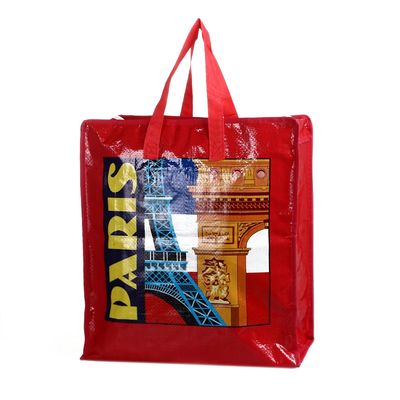 Bolso de bolsillo con logotipo personalizado, impermeable, laminado, tejido, bolsillo de compras con cierre de cremallera