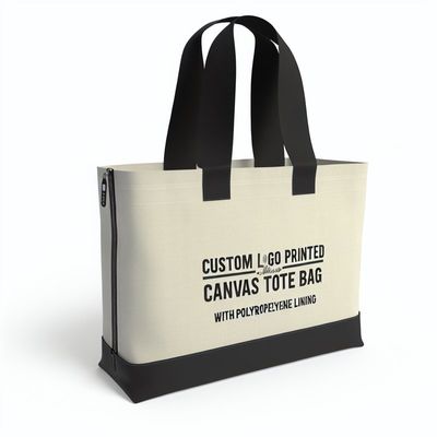 Logotipo personalizado Impreso Bolsa de Tote de lona con cremallera con revestimiento de PP para compras personalizadas